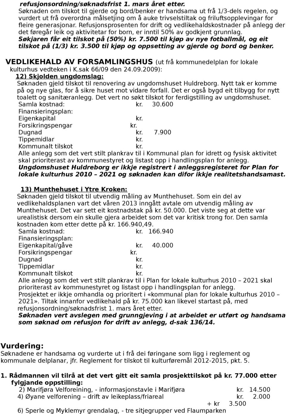 Refusjonsprosenten for drift og vedlikehaldskostnader på anlegg der det føregår leik og aktivitetar for born, er inntil 50% av godkjent grunnlag. Søkjaren får eit tilskot på (50%) 7.