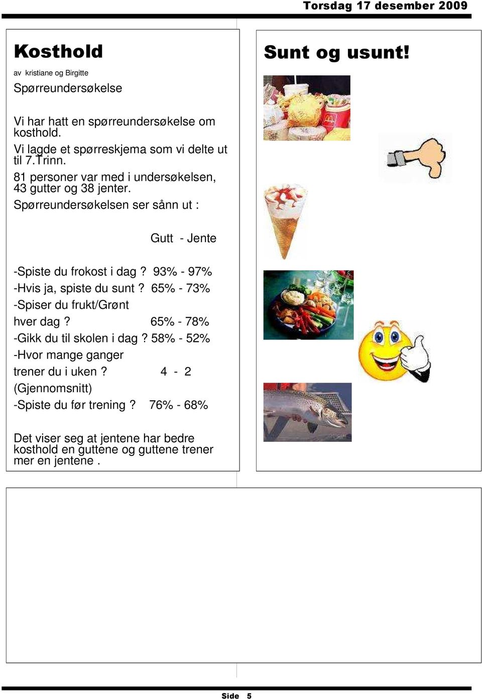 Spørreundersøkelsen ser sånn ut : Gutt - Jente -Spiste du frokost i dag? 93% - 97% -Hvis ja, spiste du sunt? 65% - 73% -Spiser du frukt/grønt hver dag?