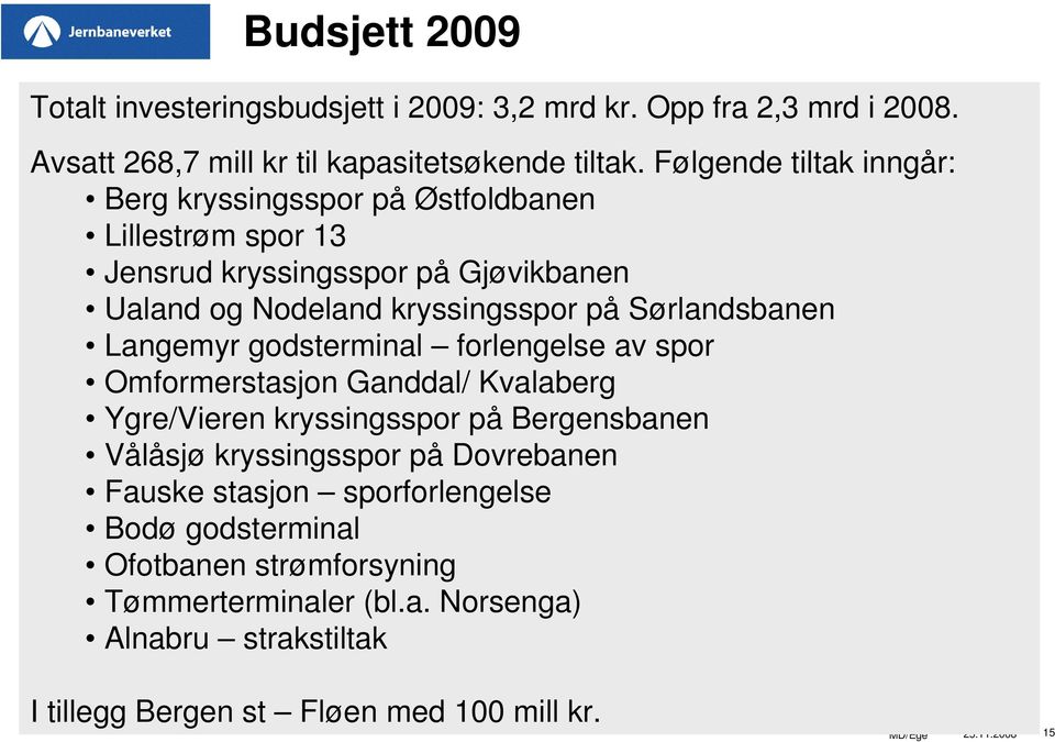 Sørlandsbanen Langemyr godsterminal forlengelse av spor Omformerstasjon Ganddal/ Kvalaberg Ygre/Vieren kryssingsspor på Bergensbanen Vålåsjø kryssingsspor på