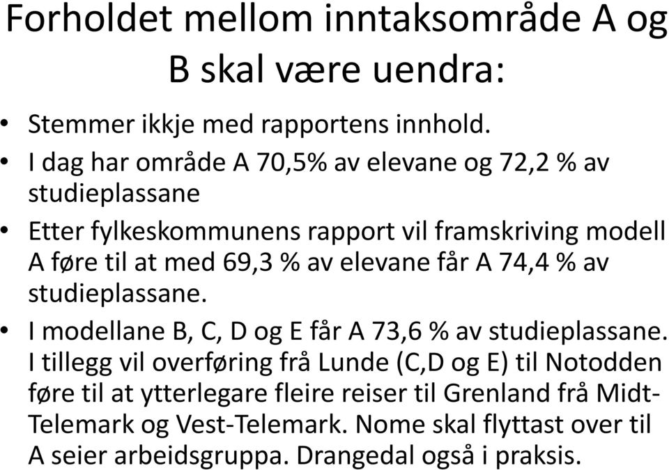 69,3 % av elevane får A 74,4 % av studieplassane. I modellane B, C, D og E får A 73,6 % av studieplassane.