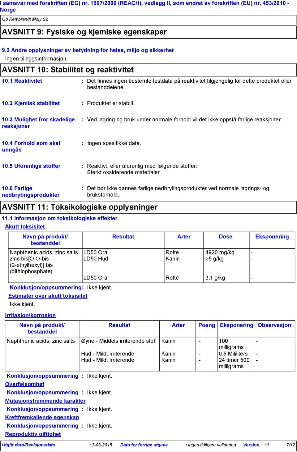 1 Reaktivitet Det finnes ingen bestemte testdata på reaktivitet tilgjengelig for dette produktet eller bestanddelene. 10.