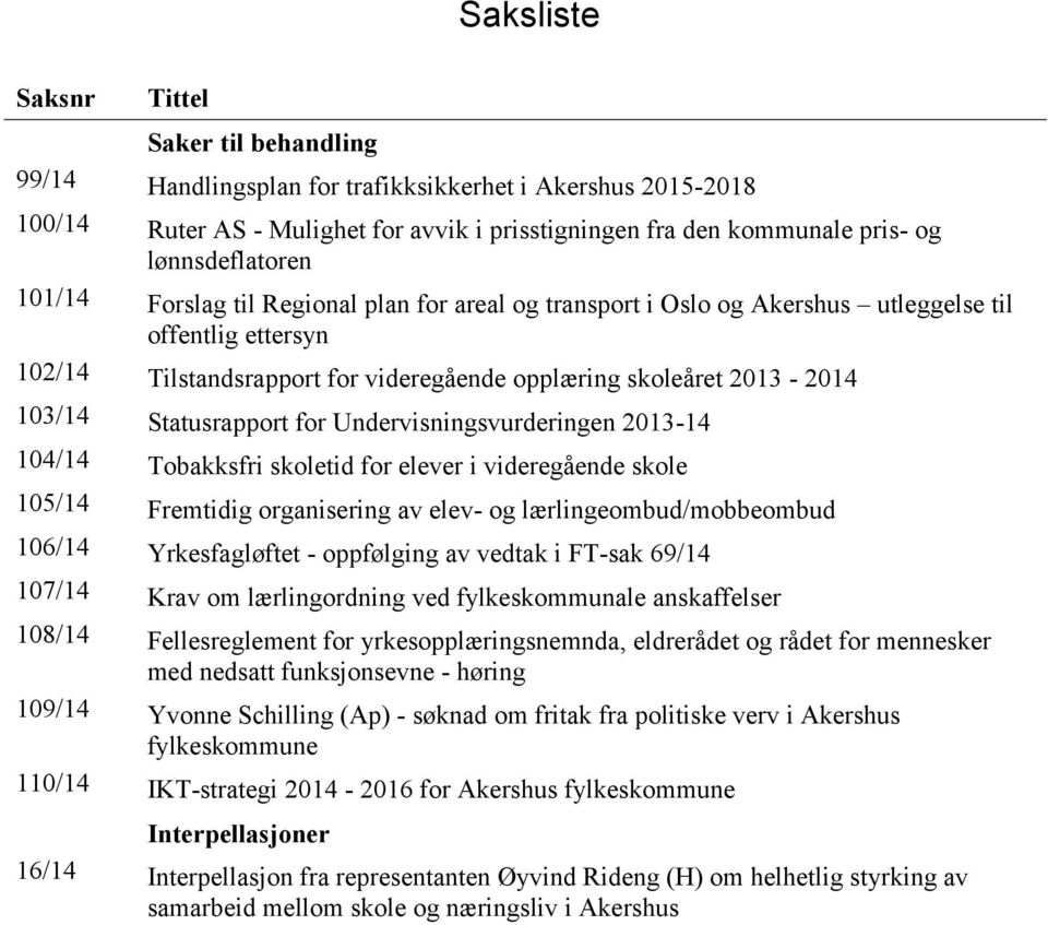 103/14 Statusrapport for Undervisningsvurderingen 2013-14 104/14 Tobakksfri skoletid for elever i videregående skole 105/14 Fremtidig organisering av elev- og lærlingeombud/mobbeombud 106/14