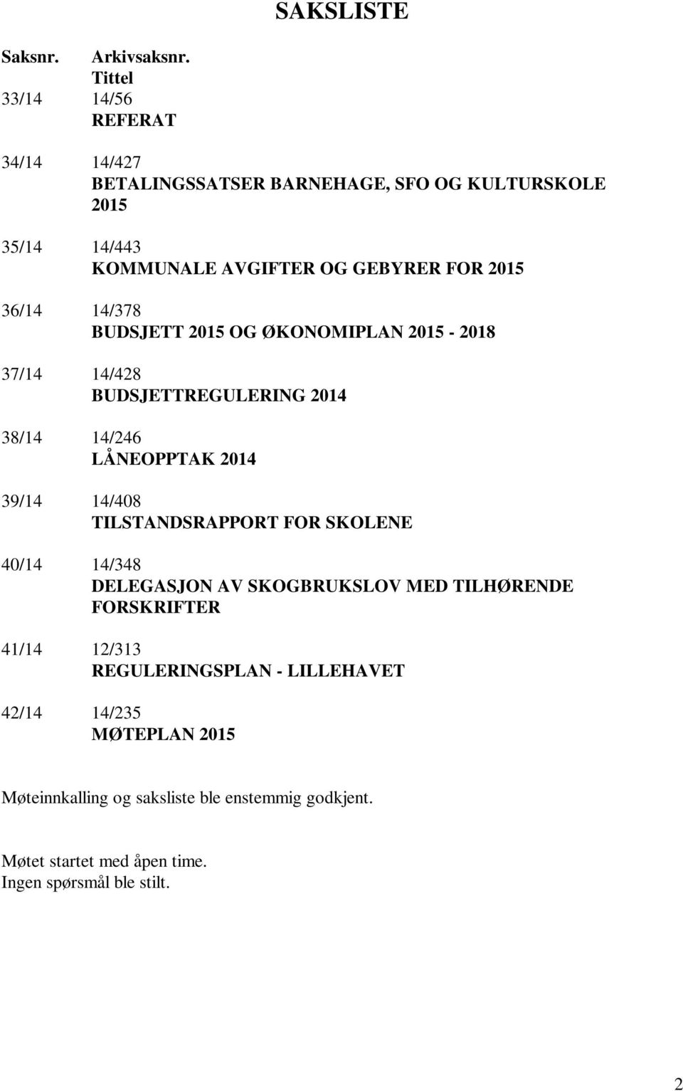 36/14 14/378 BUDSJETT 2015 OG ØKONOMIPLAN 2015-2018 37/14 14/428 BUDSJETTREGULERING 2014 38/14 14/246 LÅNEOPPTAK 2014 39/14 14/408