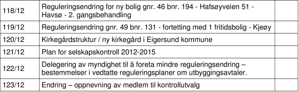 131 - fortetting med 1 fritidsbolig - Kjeøy 120/12 Kirkegårdstruktur / ny kirkegård i Eigersund 121/12 Plan for
