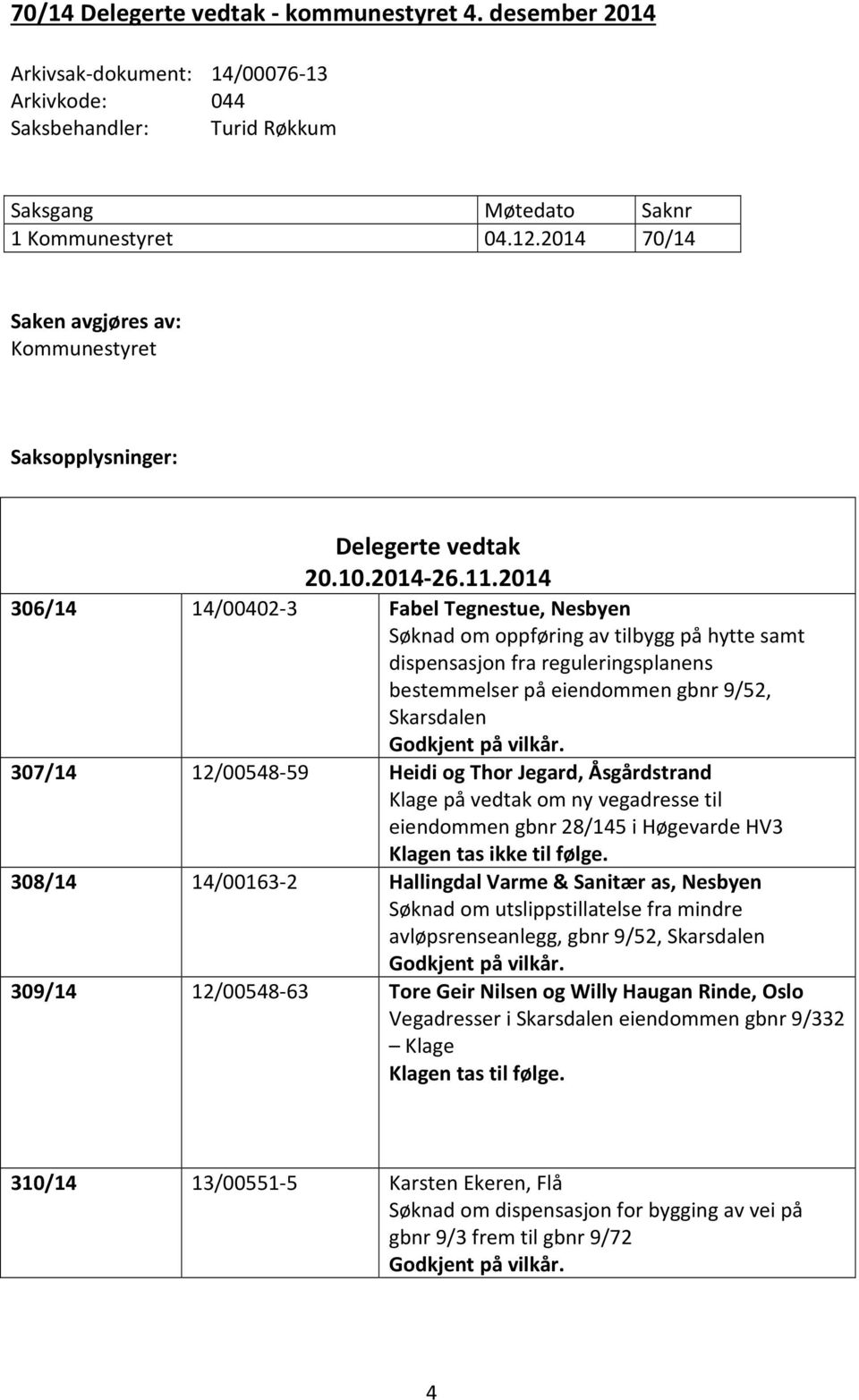 2014 306/14 14/00402-3 Fabel Tegnestue, Nesbyen Søknad om oppføring av tilbygg på hytte samt dispensasjon fra reguleringsplanens bestemmelser på eiendommen gbnr 9/52, Skarsdalen Godkjent på vilkår.