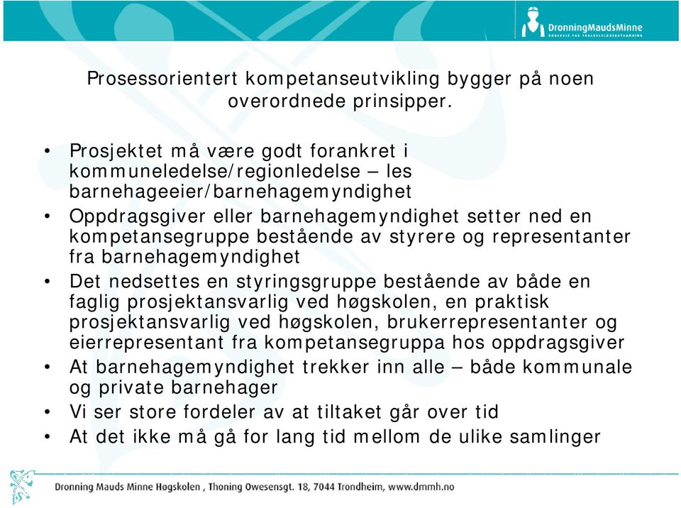 bestående av styrere og representanter fra barnehagemyndighet Det nedsettes en styringsgruppe bestående av både en faglig prosjektansvarlig ved høgskolen, en praktisk