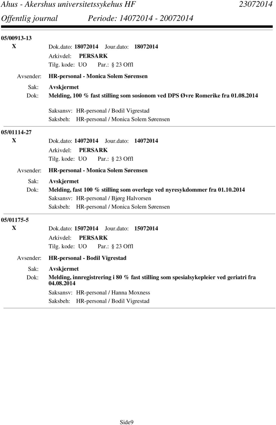 dato: 14072014 HR-personal - Monica Solem Sørensen Melding, fast 100 % stilling som overlege ved nyresykdommer fra 01.10.2014 Saksansv: HR-personal / Bjørg Halvorsen Saksbeh: HR-personal / Monica Solem Sørensen 05/01175-5 X Dok.