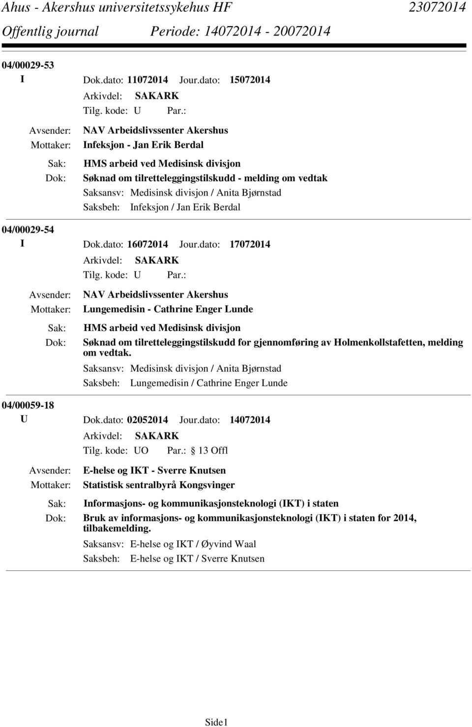 Bjørnstad Saksbeh: Infeksjon / Jan Erik Berdal 04/00029-54 I Dok.dato: 16072014 Jour.