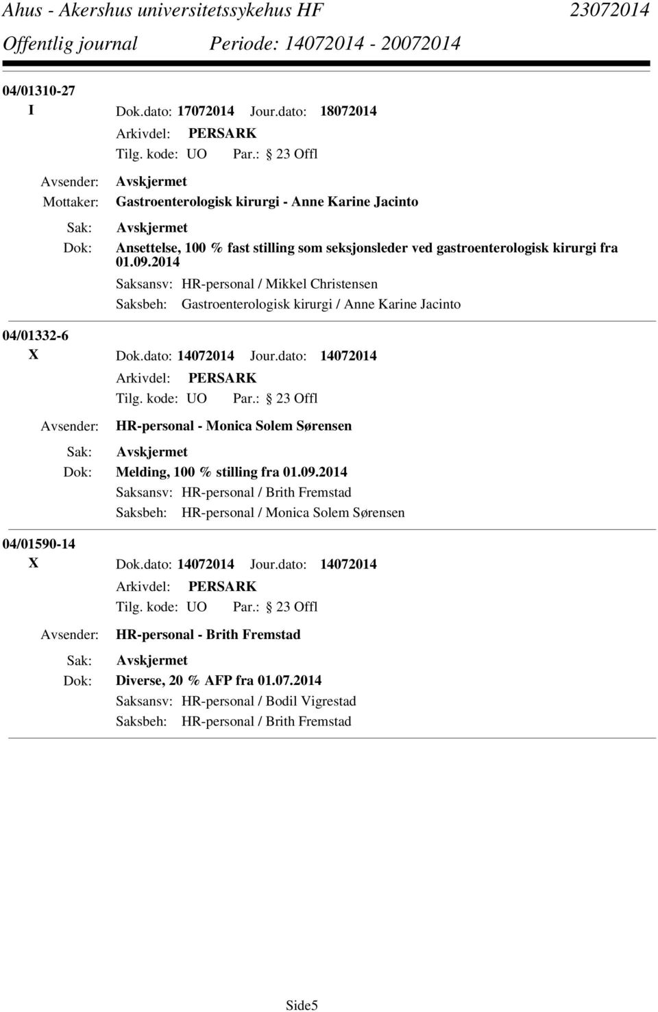 2014 Saksansv: HR-personal / Mikkel Christensen Saksbeh: Gastroenterologisk kirurgi / Anne Karine Jacinto 04/01332-6 X Dok.dato: 14072014 Jour.