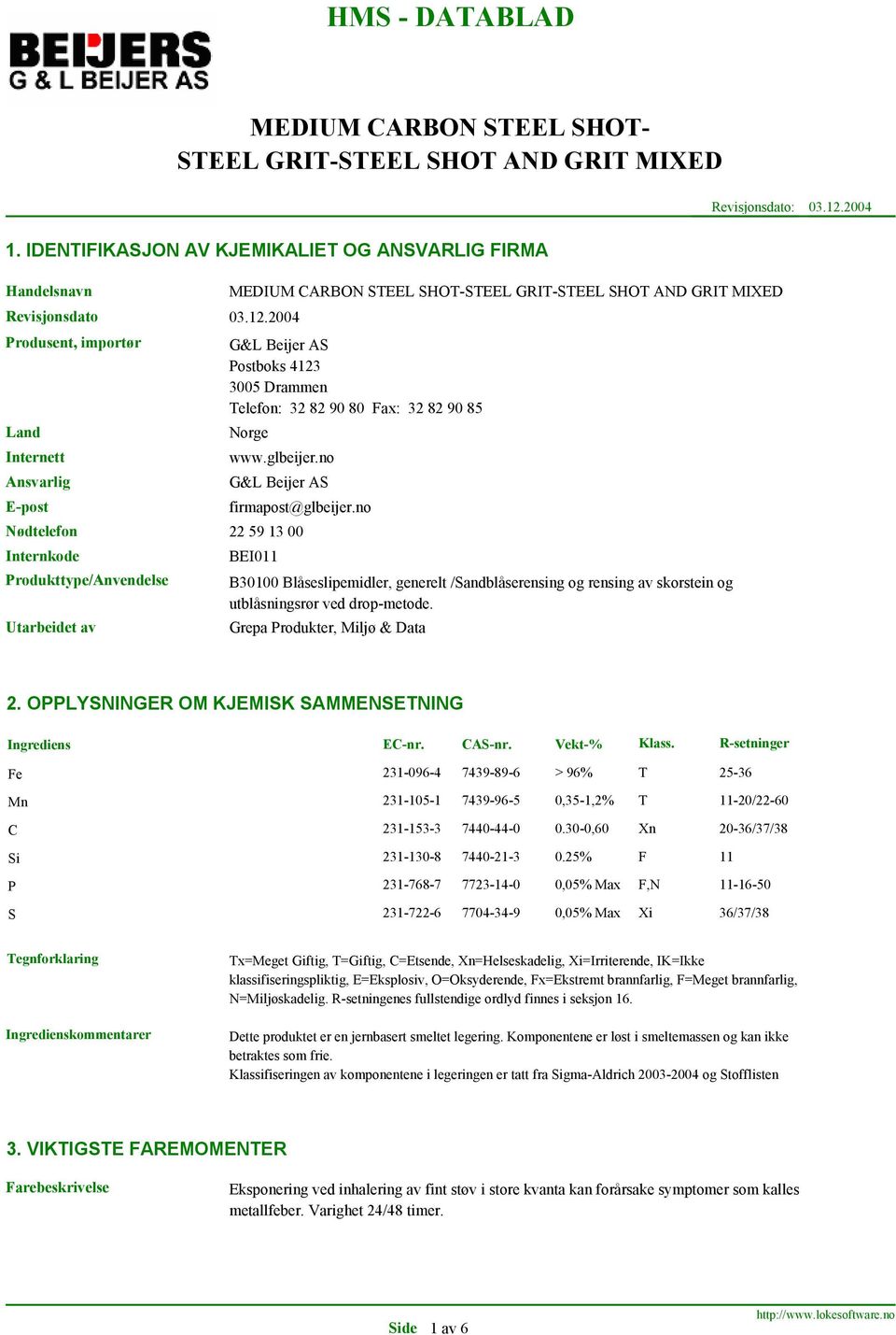 2004 Produsent, importør Land Internett Ansvarlig E-post Nødtelefon Internkode Produkttype/Anvendelse Utarbeidet av G&L Beijer AS Postboks 4123 3005 Drammen Telefon: 32 82 90 80 Fax: 32 82 90 85