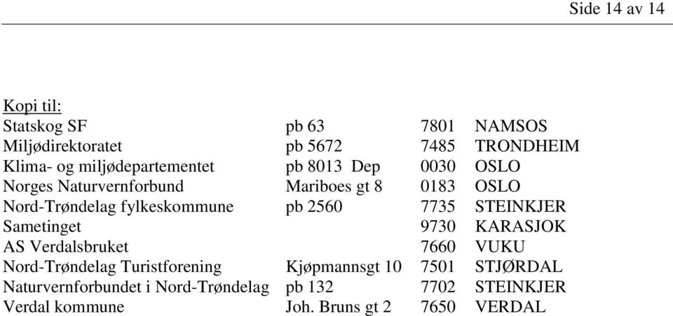 STEINKJER Sametinget 9730 KARASJOK AS Verdalsbruket 7660 VUKU Nord-Trøndelag Turistforening Kjøpmannsgt 10 7501