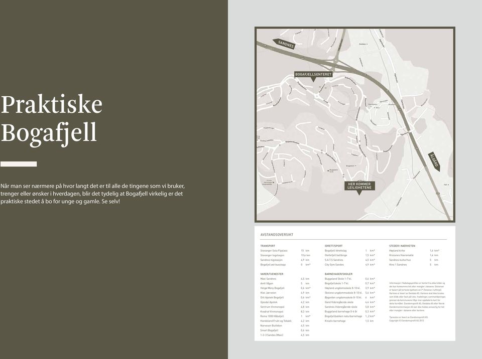 HER KOMMER LEILIGHETENE AVSTANDSOVERSIKT TRANSPORT Stavanger Sola Flyplass 15 km Stavanger togstasjon 19,6 km Sandnes togstasjon 4,9 km Bogafjell øst busstopp 0 km* IDRETT/SPORT Bogafjell Idrettslag