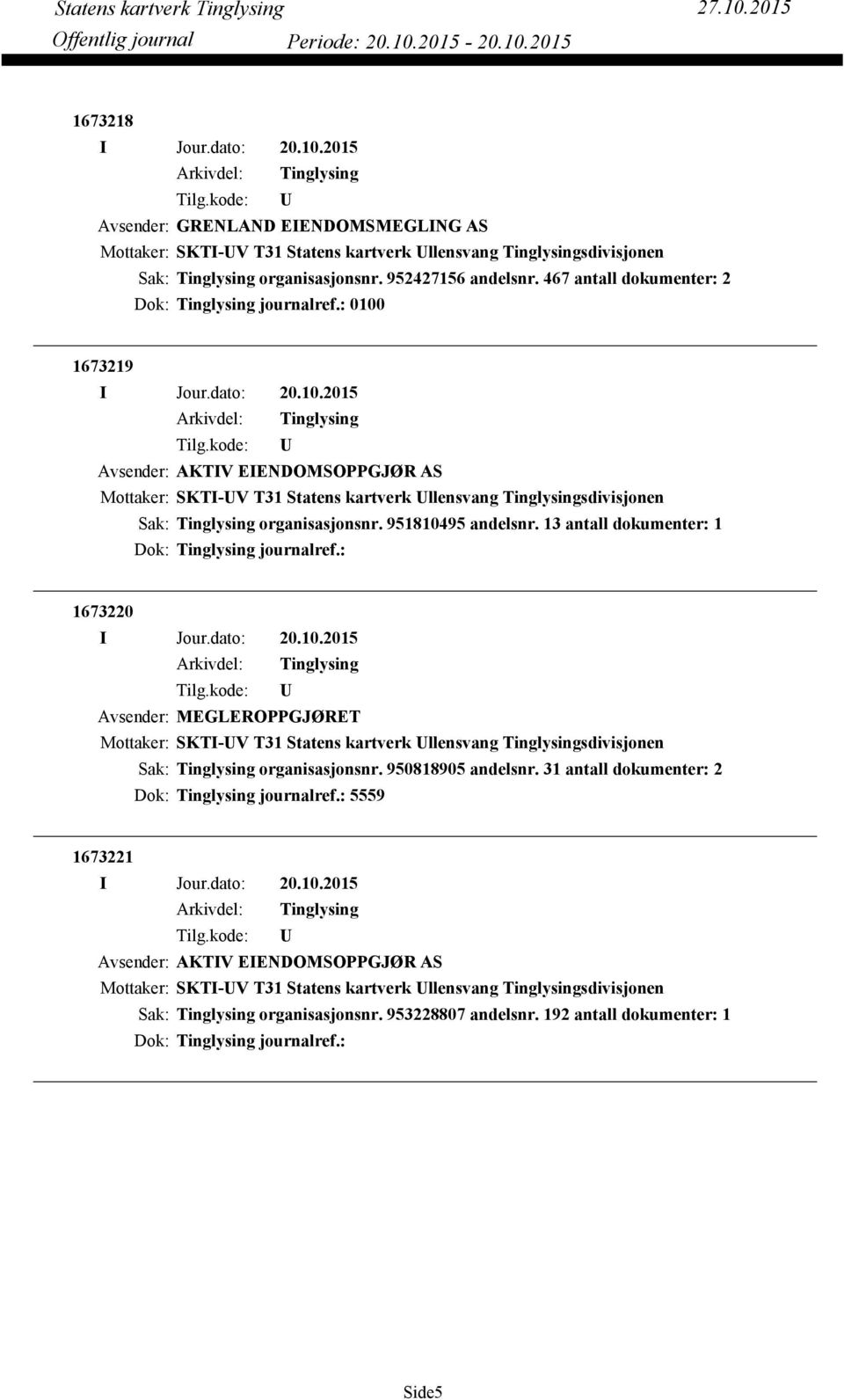 13 antall dokumenter: 1 Dok: journalref.: 1673220 Avsender: MEGLEROPPGJØRET Mottaker: SKTI-V T31 Statens kartverk llensvang sdivisjonen organisasjonsnr. 950818905 andelsnr.