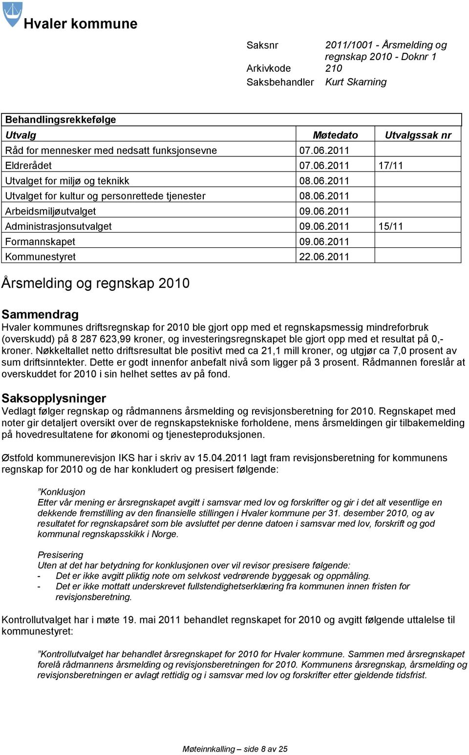 06.2011 15/11 Formannskapet 09.06.2011 Kommunestyret 22.06.2011 Årsmelding og regnskap 2010 Sammendrag Hvaler kommunes driftsregnskap for 2010 ble gjort opp med et regnskapsmessig mindreforbruk