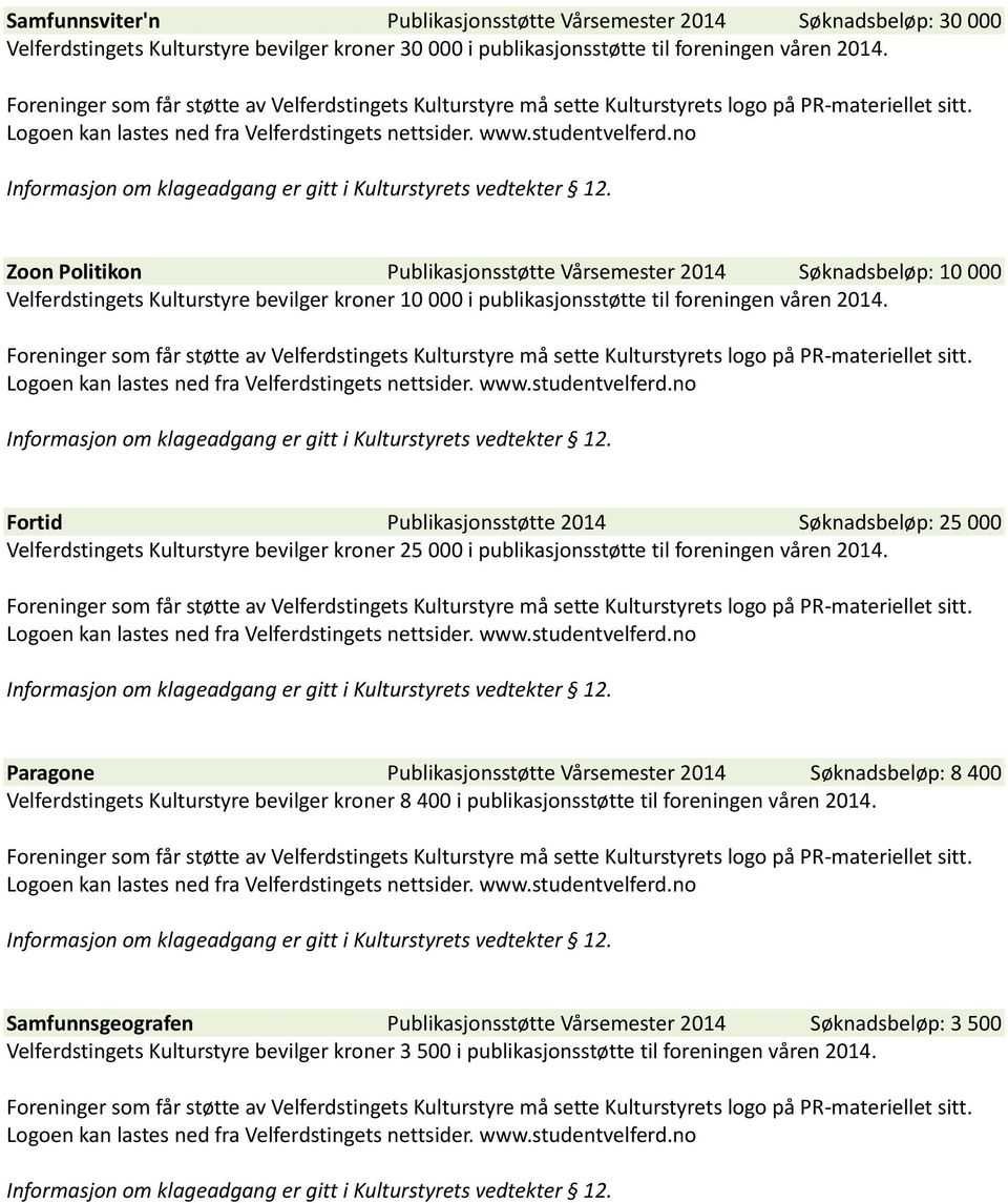 Fortid Publikasjonsstøtte 2014 Søknadsbeløp: 25 000 Velferdstingets Kulturstyre bevilger kroner 25 000 i publikasjonsstøtte til foreningen våren 2014.