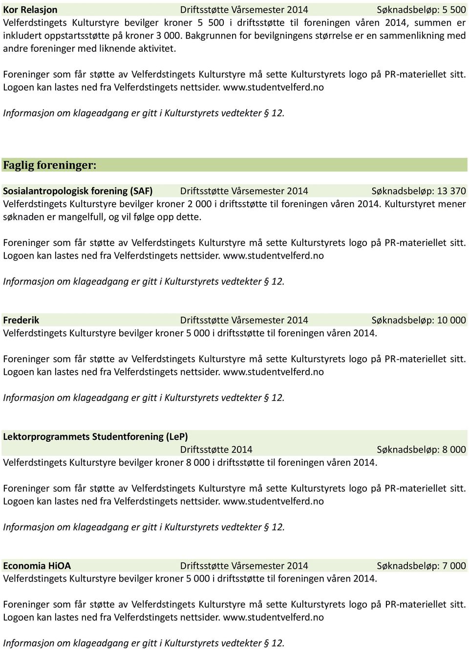 Faglig foreninger: Sosialantropologisk forening (SAF) Driftsstøtte Vårsemester 2014 Søknadsbeløp: 13 370 Velferdstingets Kulturstyre bevilger kroner 2 000 i driftsstøtte til foreningen våren 2014.