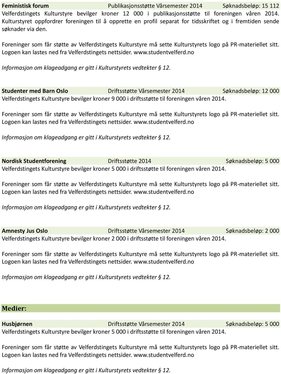 Studenter med Barn Oslo Driftsstøtte Vårsemester 2014 Søknadsbeløp: 12 000 Velferdstingets Kulturstyre bevilger kroner 9 000 i driftsstøtte til foreningen våren 2014.