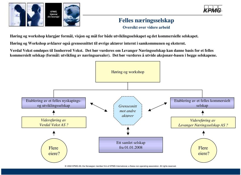 Det bør vurderes om Levanger Næringsselskap kan danne basis for et felles kommersielt selskap (formål: utvikling av næringsarealer). Det bør vurderes å utvide aksjonær-basen i begge selskapene.