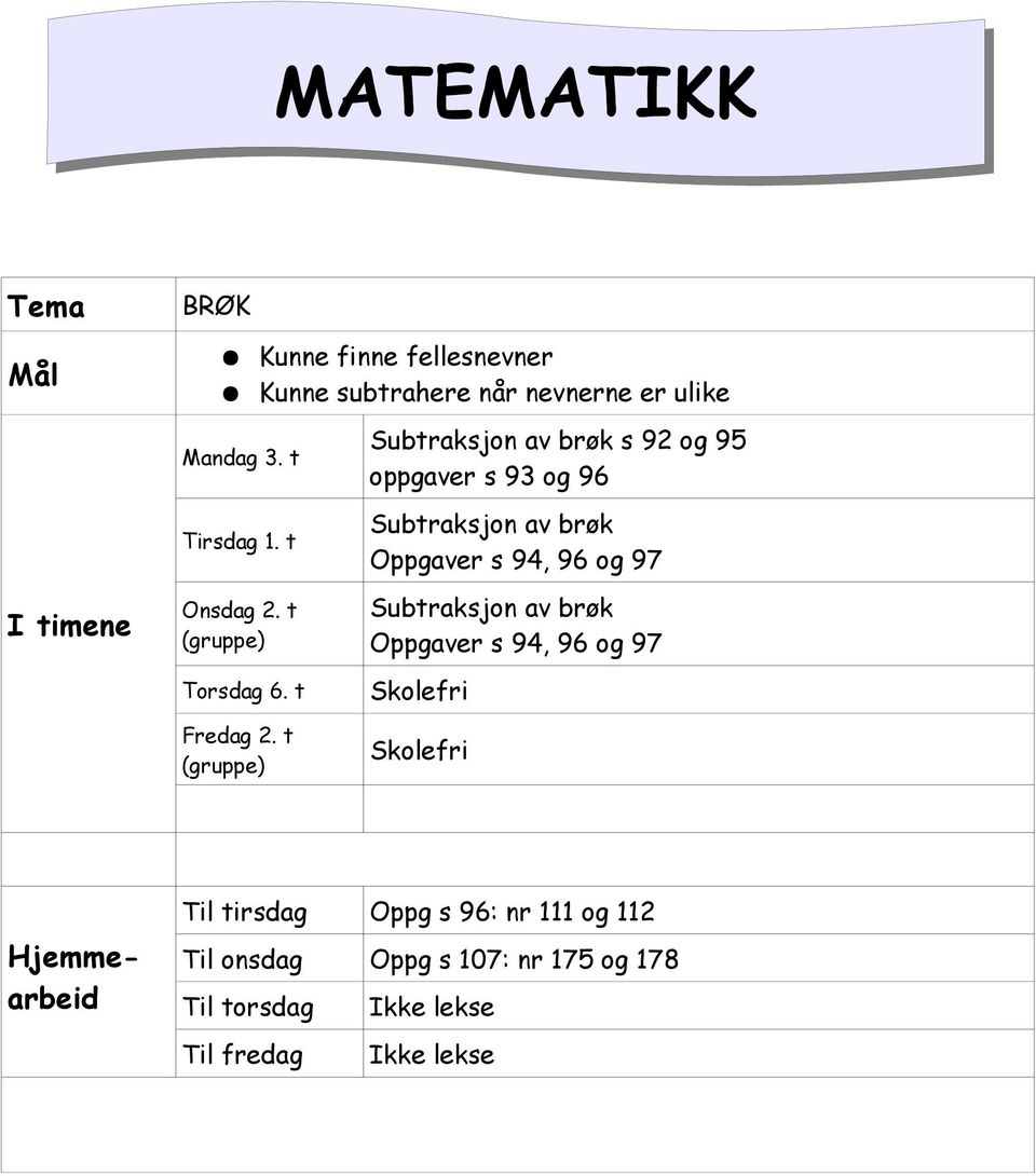 t Subtraksjon av brøk s 92 og 95 oppgaver s 93 og 96 Subtraksjon av brøk Oppgaver s 94, 96 og 97 Subtraksjon av