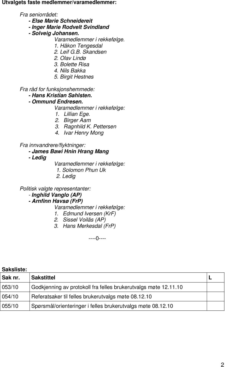 Ragnhild K. Pettersen 4. Ivar Henry Mong Fra innvandrere/flyktninger: - James Bawi Hnin Hrang Mang - Ledig Varamedlemmer i rekkefølge: 1. Solomon Phun Uk 2.
