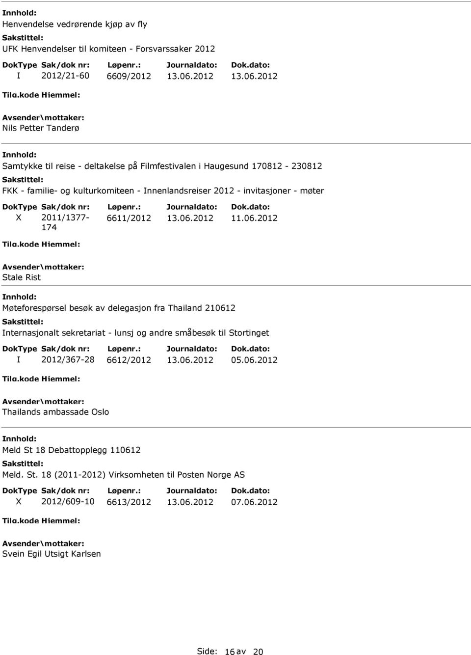 2012 Stale Rist Møteforespørsel besøk av delegasjon fra Thailand 210612 nternasjonalt sekretariat - lunsj og andre småbesøk til Stortinget 2012/367-28 6612/2012 05.06.2012 Thailands ambassade Oslo Meld St 18 Debattopplegg 110612 Meld.