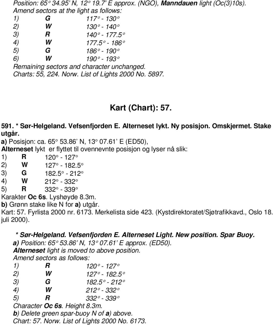 Alterneset lykt. Ny posisjon. Omskjermet. Stake utgår. a) Posisjon: ca. 65 53.86 N, 13 07.61 E (ED50), Alterneset lykt er flyttet til ovennevnte posisjon og lyser nå slik: 1) R 120-127 2) W 127-182.