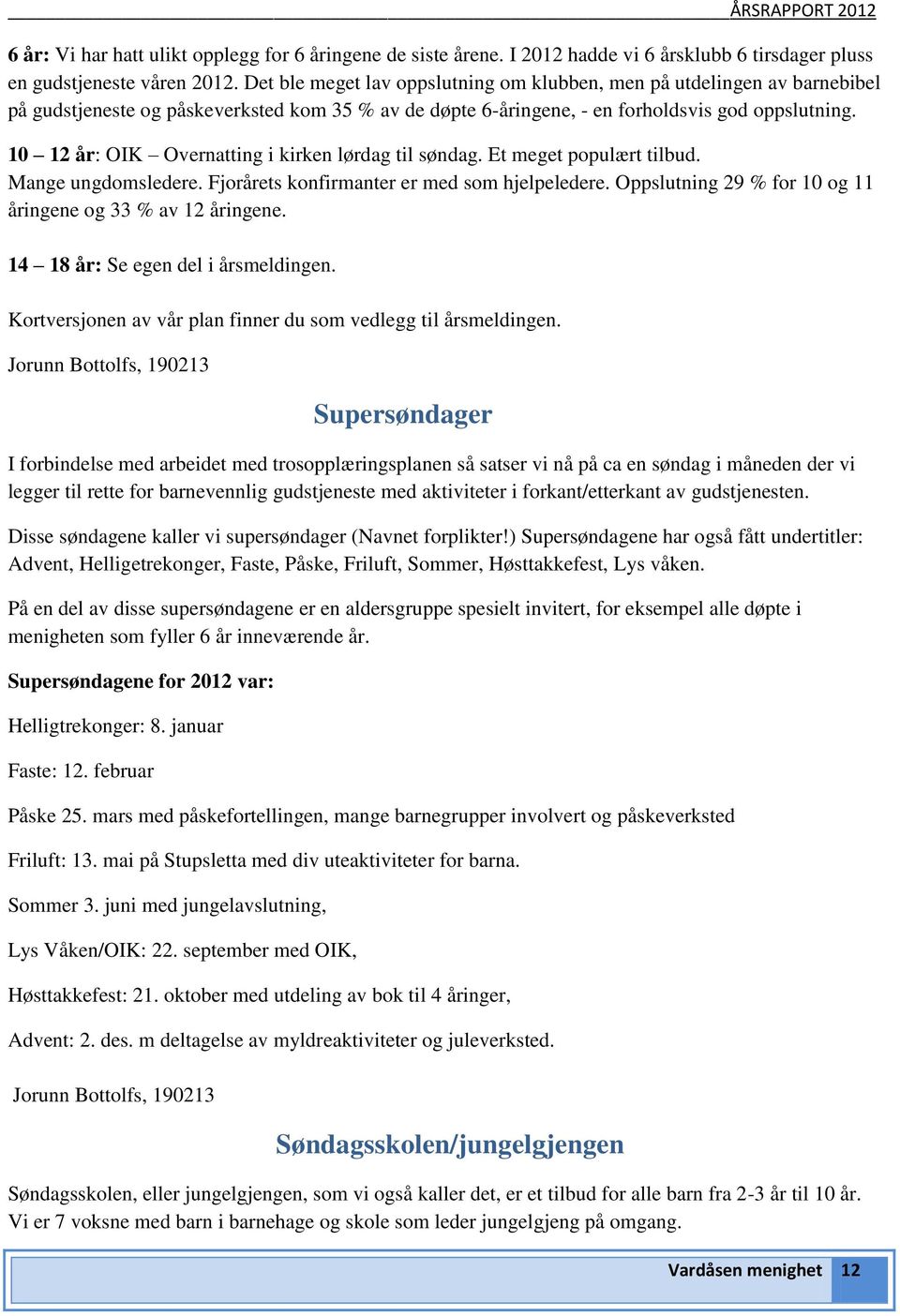 10 12 år: OIK Overnatting i kirken lørdag til søndag. Et meget populært tilbud. Mange ungdomsledere. Fjorårets konfirmanter er med som hjelpeledere.