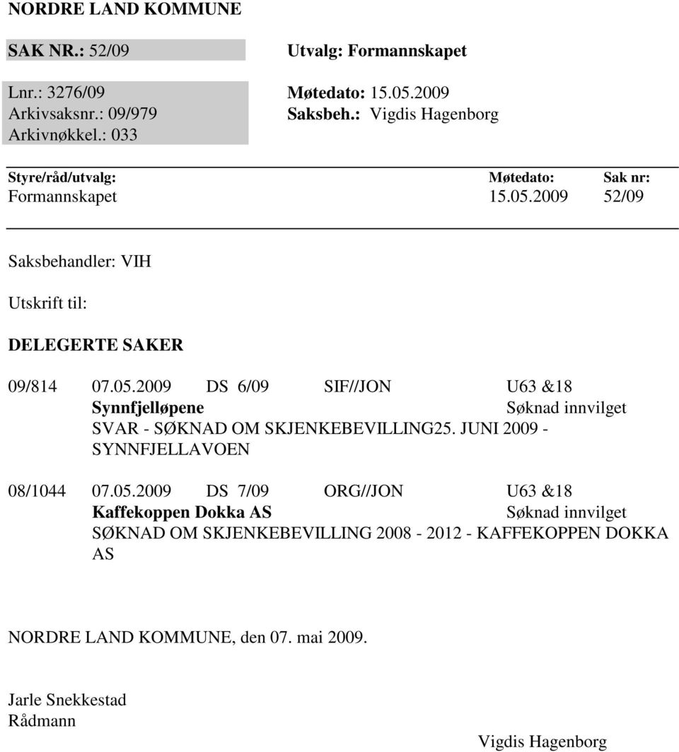 2009 52/09 Saksbehandler: VIH Utskrift til: DELEGERTE SAKER 09/814 07.05.