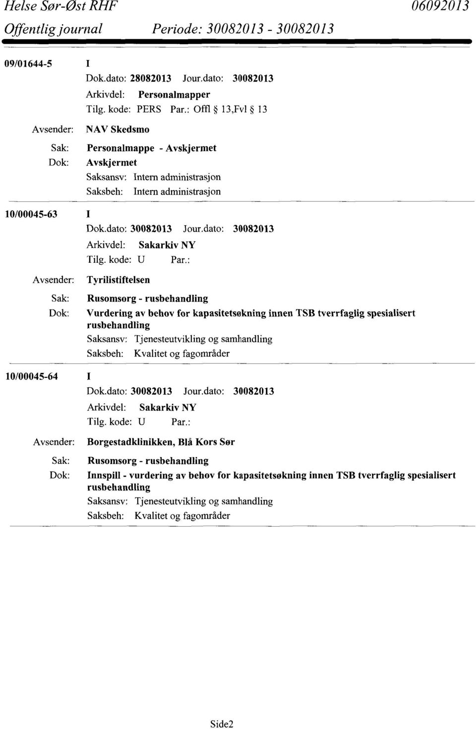 rusbehandling Vurdering av behov for kapasitetsøkning Innen TSB tverrfaglig spesialisert rusbehandling Tjenesteutvikling og samhandling Kvalitet og fagområder