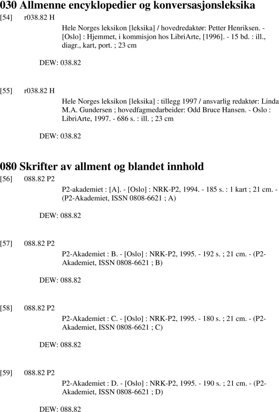 - Oslo : LibriArte, 1997. - 686 s. : ill. ; 23 cm DEW: 038.82 080 Skrifter av allment og blandet innhold [56] 088.82 P2 P2-akademiet : [A]. - [Oslo] : NRK-P2, 1994. - 185 s. : 1 kart ; 21 cm.