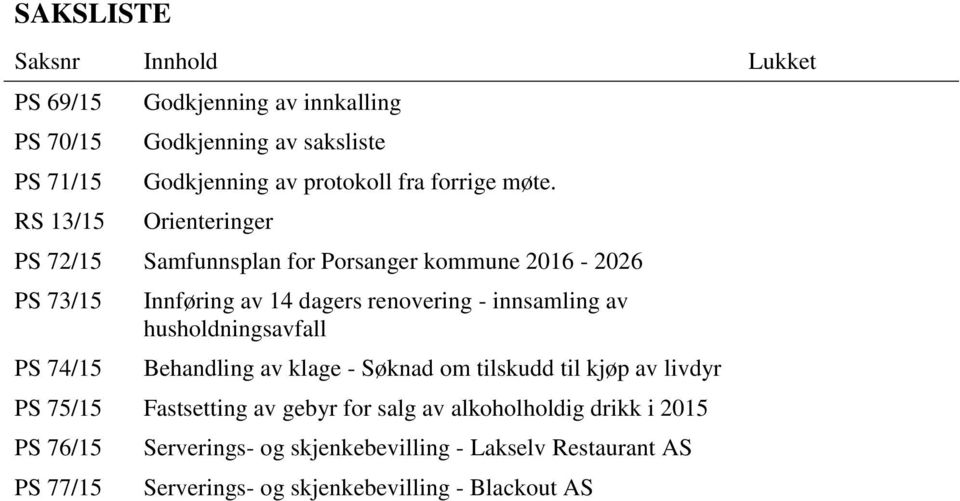Orienteringer PS 72/15 Samfunnsplan for Porsanger kommune 2016-2026 PS 73/15 PS 74/15 Innføring av 14 dagers renovering - innsamling av