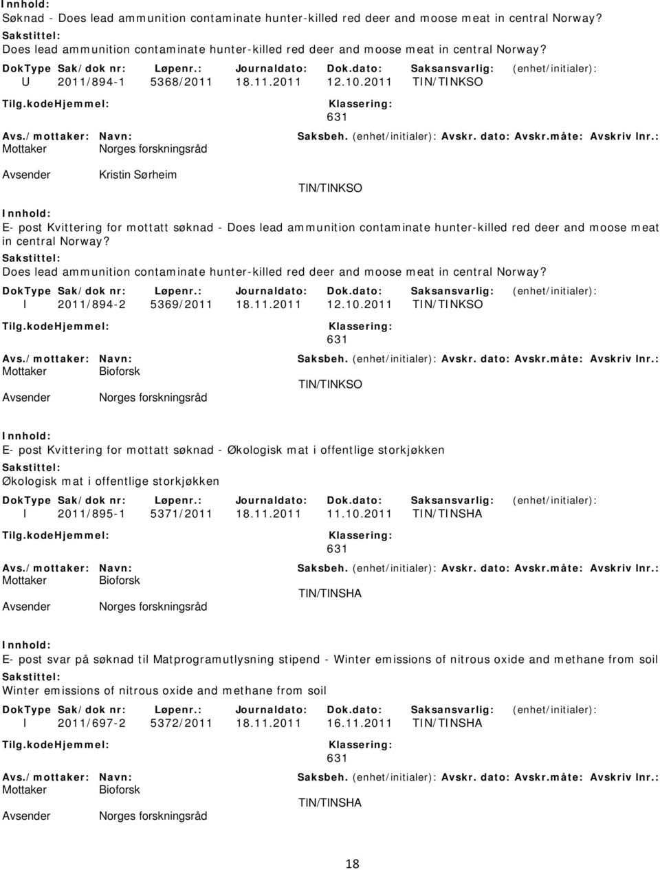 2011 TIN/TINKSO 631 Mottaker Norges forskningsråd Kristin Sørheim TIN/TINKSO E- post Kvittering for mottatt søknad - Does lead ammunition contaminate hunter-killed red deer and moose meat in central