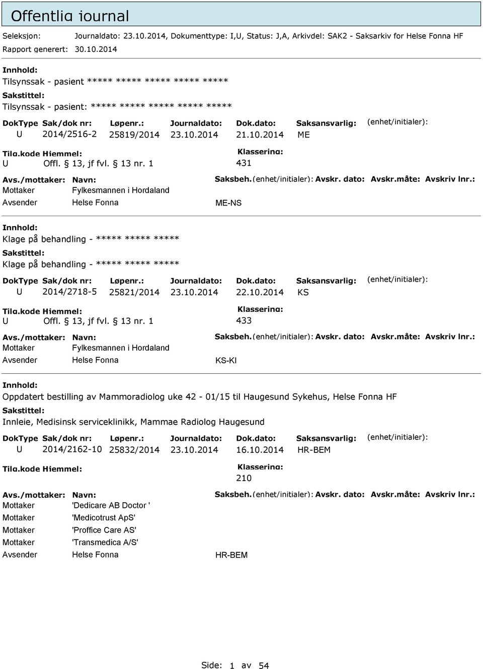 måte: Avskriv lnr.: Mottaker Fylkesmannen i Hordaland ME-NS Klage på behandling - ***** ***** ***** Klage på behandling - ***** ***** ***** 2014/2718-5 25821/2014 22.10.2014 KS 433 Avs.