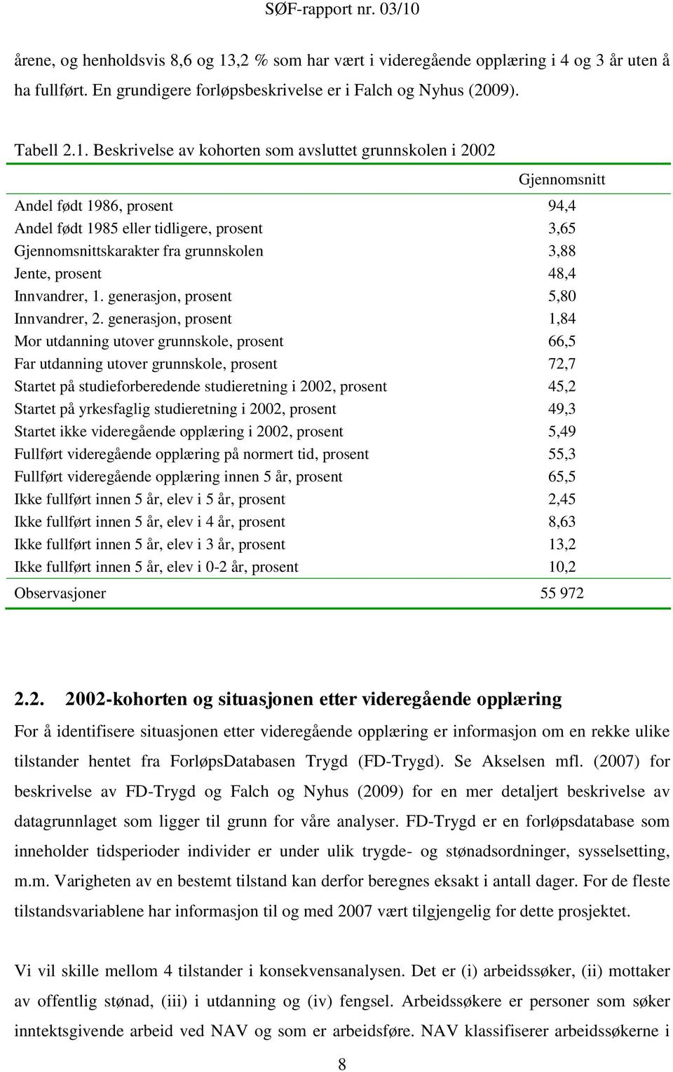 Beskrivelse av kohorten som avsluttet grunnskolen i 2002 Gjennomsnitt Andel født 1986, prosent 94,4 Andel født 1985 eller tidligere, prosent 3,65 Gjennomsnittskarakter fra grunnskolen 3,88 Jente,