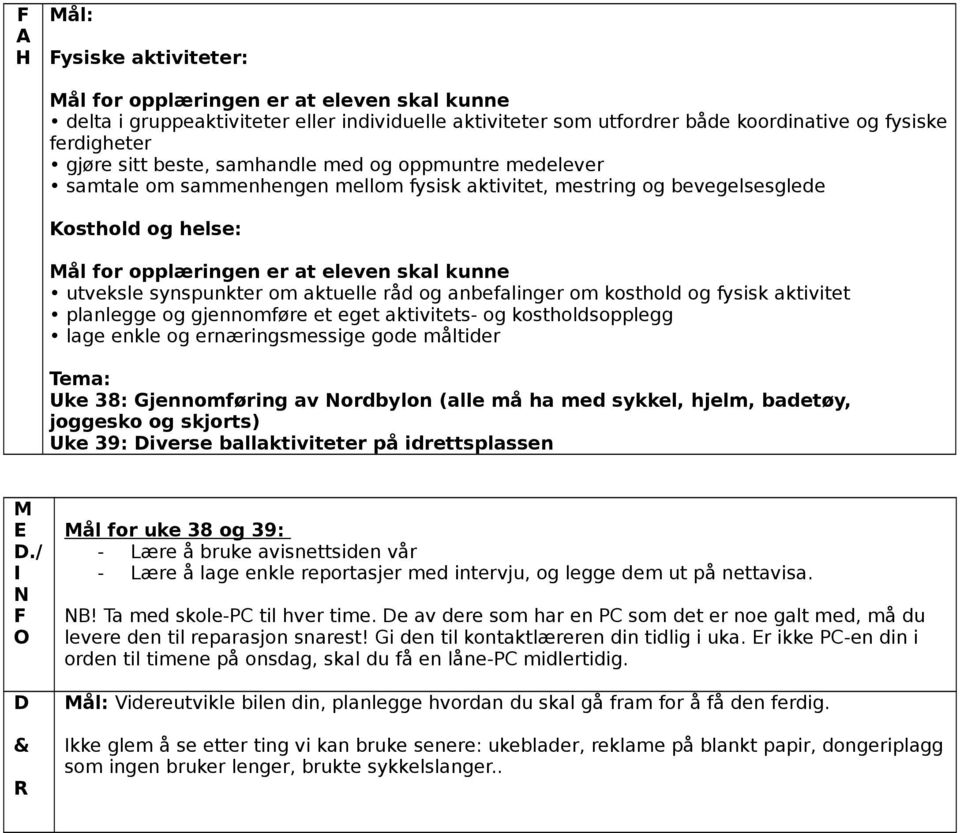 aktuelle råd og anbefalinger om kosthold og fysisk aktivitet planlegge og gjennomføre et eget aktivitets- og kostholdsopplegg lage enkle og ernæringsmessige gode måltider ema: ke 38: jennomføring av