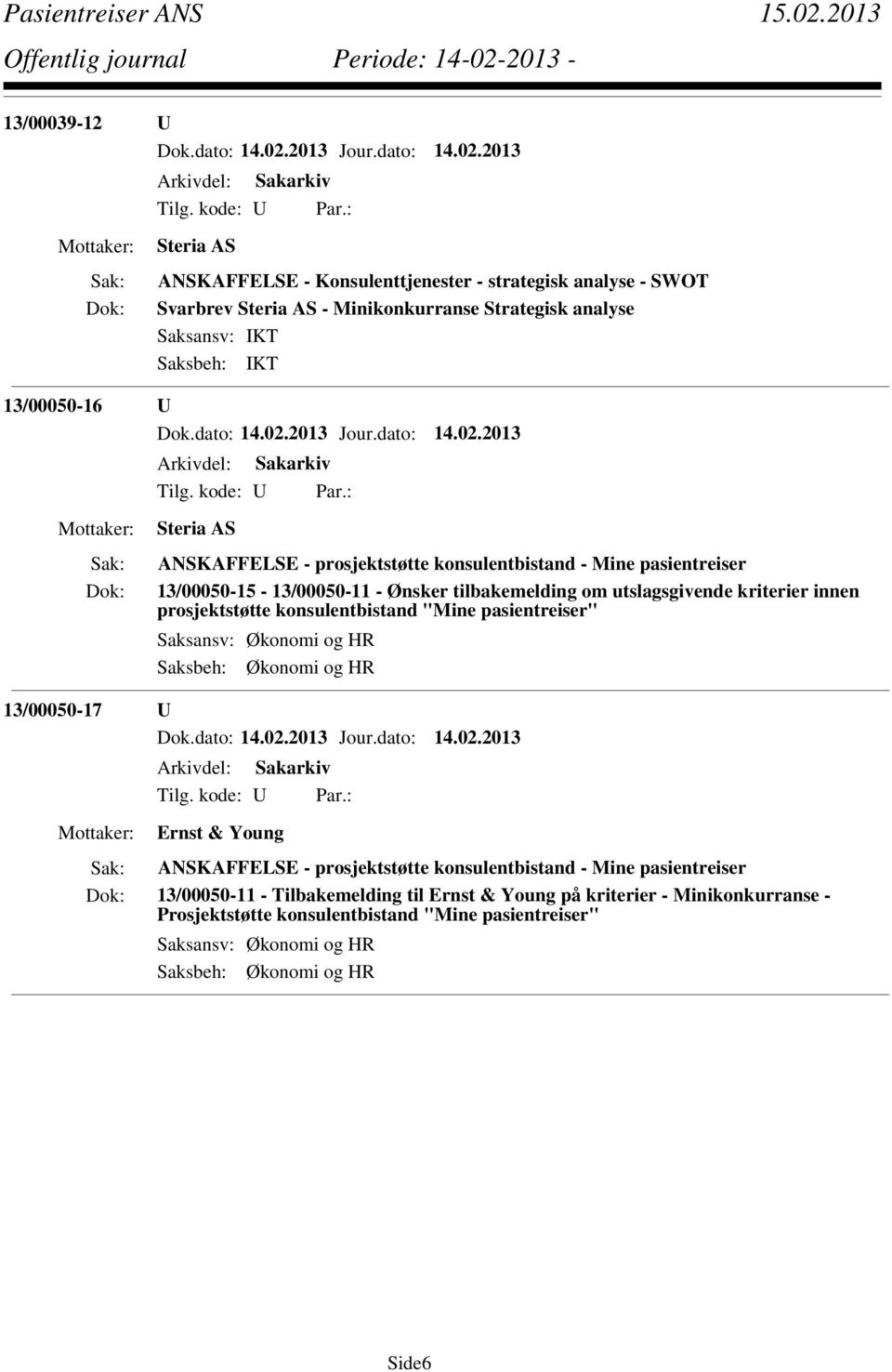 konsulentbistand "Mine pasientreiser" Saksansv: Økonomi og HR Saksbeh: Økonomi og HR 13/00050-17 U Ernst & Young ANSKAFFELSE - prosjektstøtte konsulentbistand - Mine