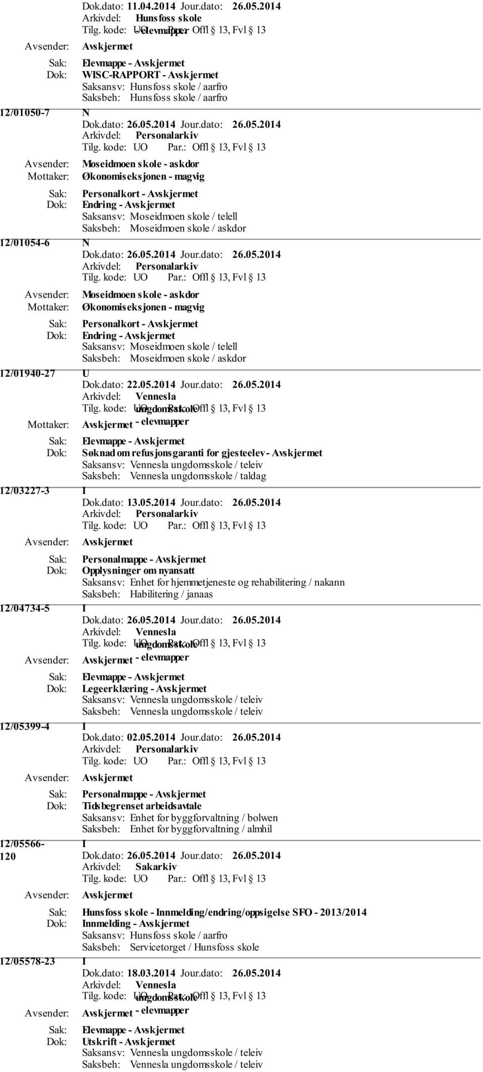 kode: UO Offl 13, Fvl 13 Moseidmoen skole - askdor Økonomiseksjonen - magvig Personalkort - Endring - Saksansv: Moseidmoen skole / telell Saksbeh: Moseidmoen skole / askdor 12/01054-6 N Tilg.