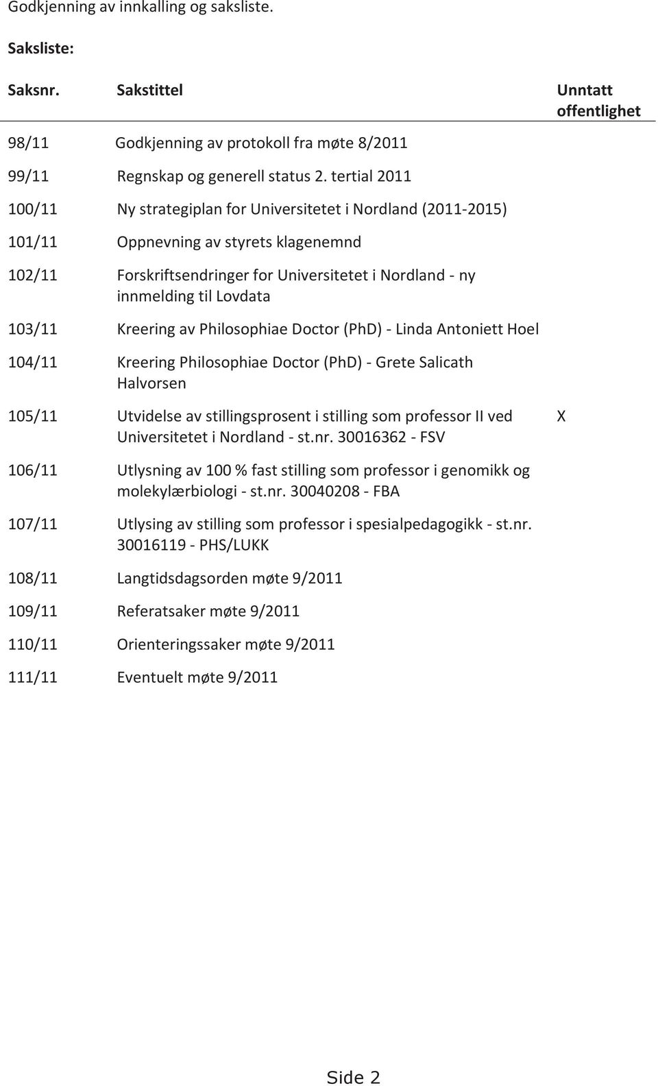 Lovdata 103/11 Kreering av Philosophiae Doctor (PhD) - Linda Antoniett Hoel 104/11 Kreering Philosophiae Doctor (PhD) - Grete Salicath Halvorsen 105/11 Utvidelse av stillingsprosent i stilling som