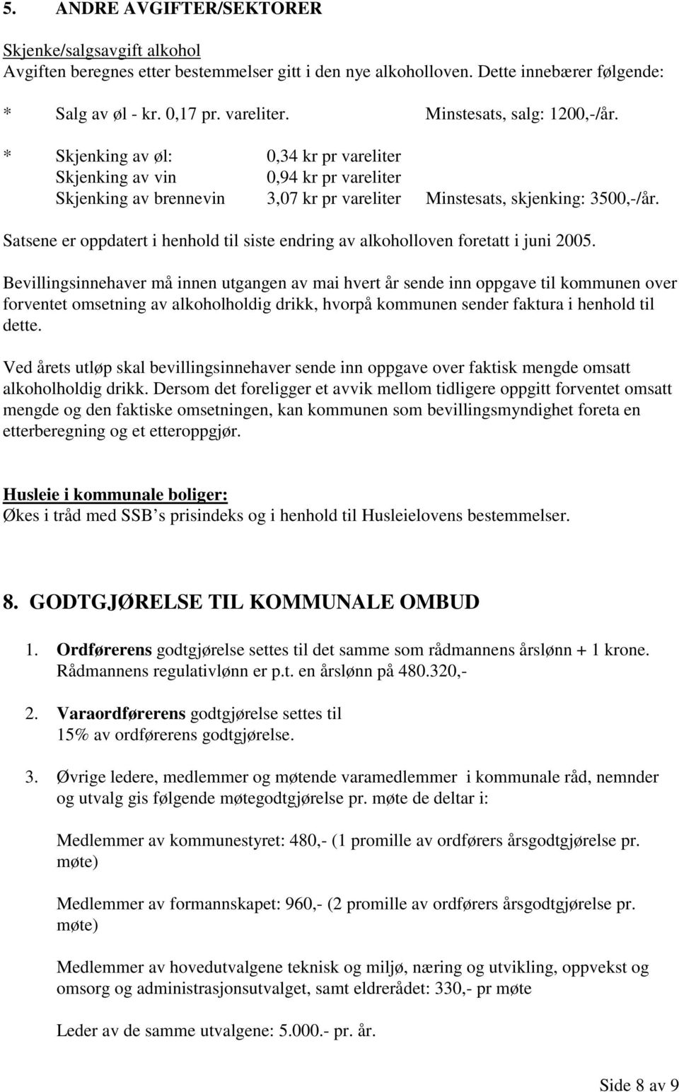 Satsene er oppdatert i henhold til siste endring av alkoholloven foretatt i juni 2005.