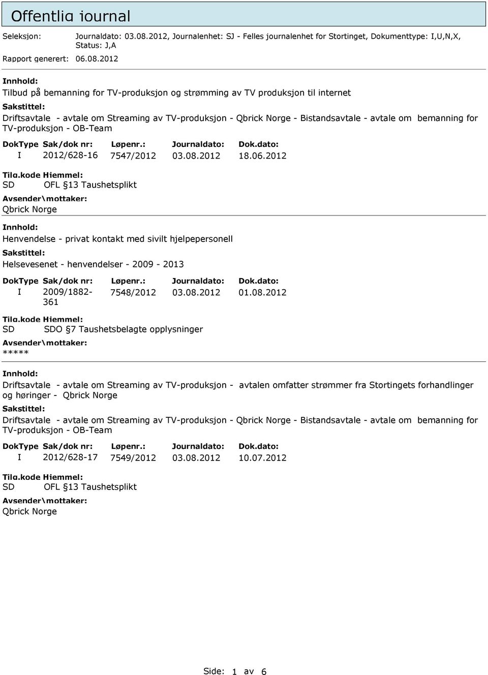 TV-produksjon - OB-Team 2012/628-16 7547/2012 OFL 13 Taushetsplikt Qbrick Norge 18.06.