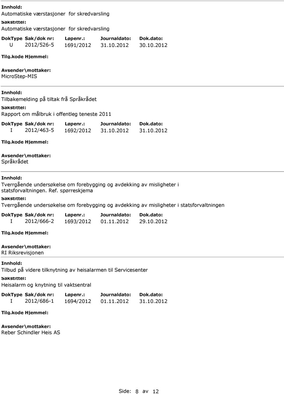 spørreskjema Tverrgående undersøkelse om forebygging og avdekking av misligheter i statsforvaltningen 2012/666-2 1693/2012 01.11.