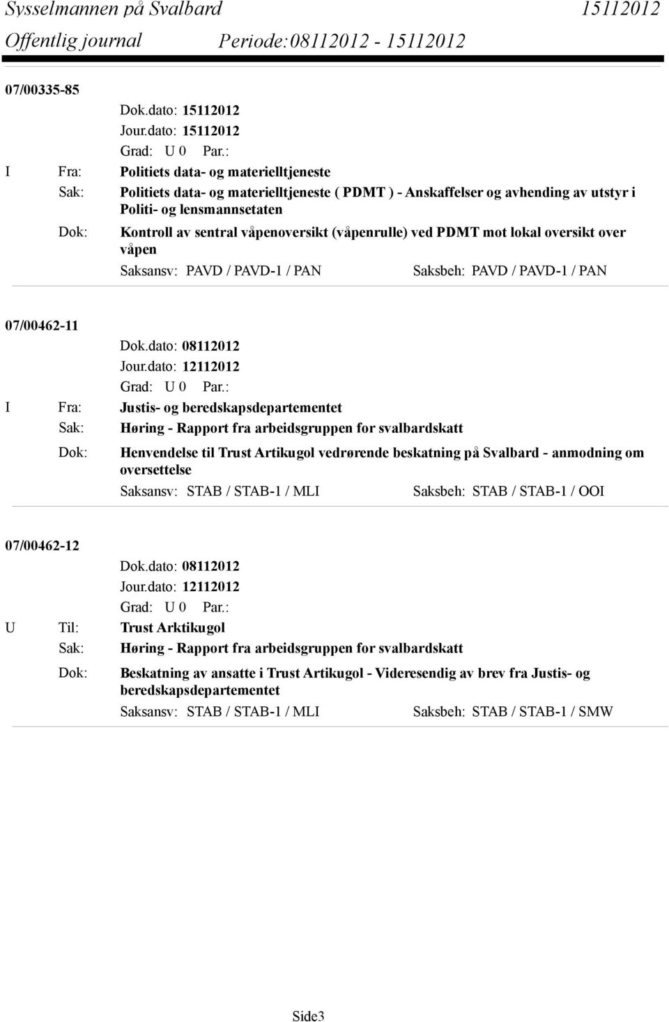 sentral våpenoversikt (våpenrulle) ved PDMT mot lokal oversikt over våpen Saksansv: PAVD / PAVD-1 / PAN Saksbeh: PAVD / PAVD-1 / PAN 07/00462-11 Dok.