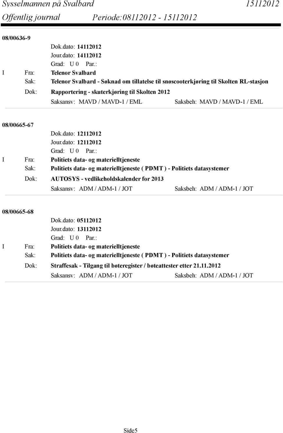 AUTOSYS - vedlikeholdskalender for 2013 Saksansv: ADM / ADM-1 / JOT Saksbeh: ADM / ADM-1 / JOT 08/00665-68 Dok.