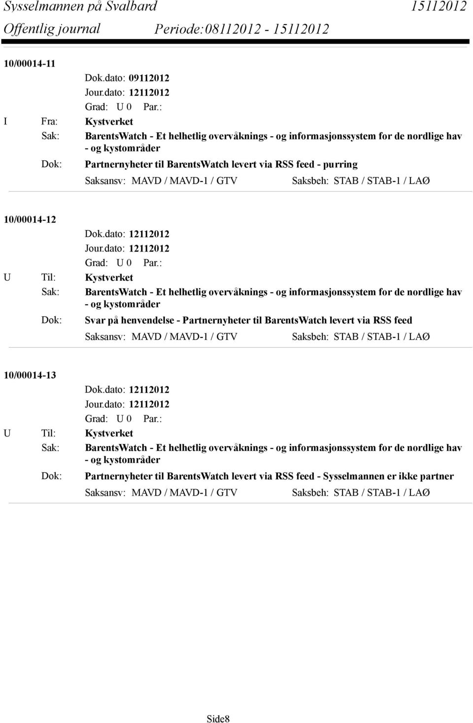 purring Saksansv: MAVD / MAVD-1 / GTV Saksbeh: STAB / STAB-1 / LAØ 10/00014-12 U Til: Kystverket Sak: BarentsWatch - Et helhetlig overvåknings - og informasjonssystem for de nordlige hav - og