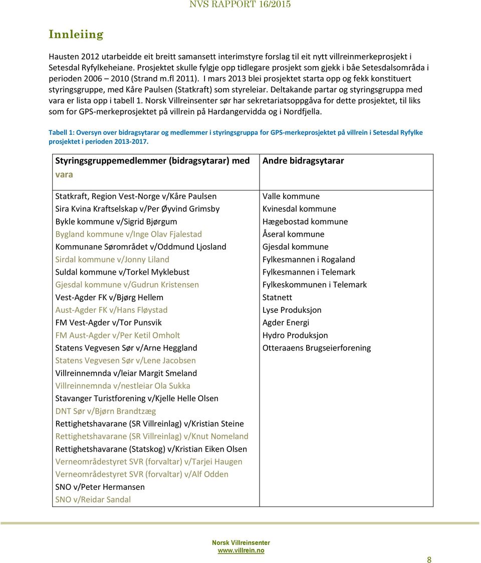 I mars 2013 blei prosjektet starta opp og fekk konstituert styringsgruppe, med Kåre Paulsen (Statkraft) som styreleiar. Deltakande partar og styringsgruppa med vara er lista opp i tabell 1.