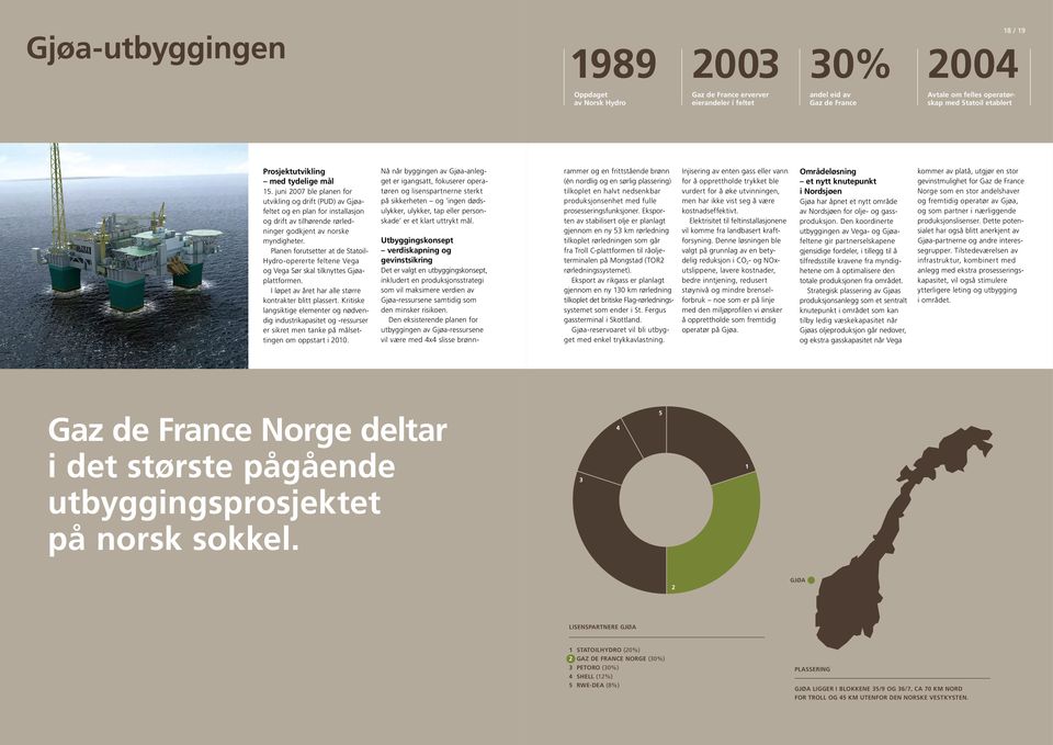 Planen forutsetter at de Statoil- Hydro-opererte feltene Vega og Vega Sør skal tilknyttes Gjøaplattformen. I løpet av året har alle større kontrakter blitt plassert.