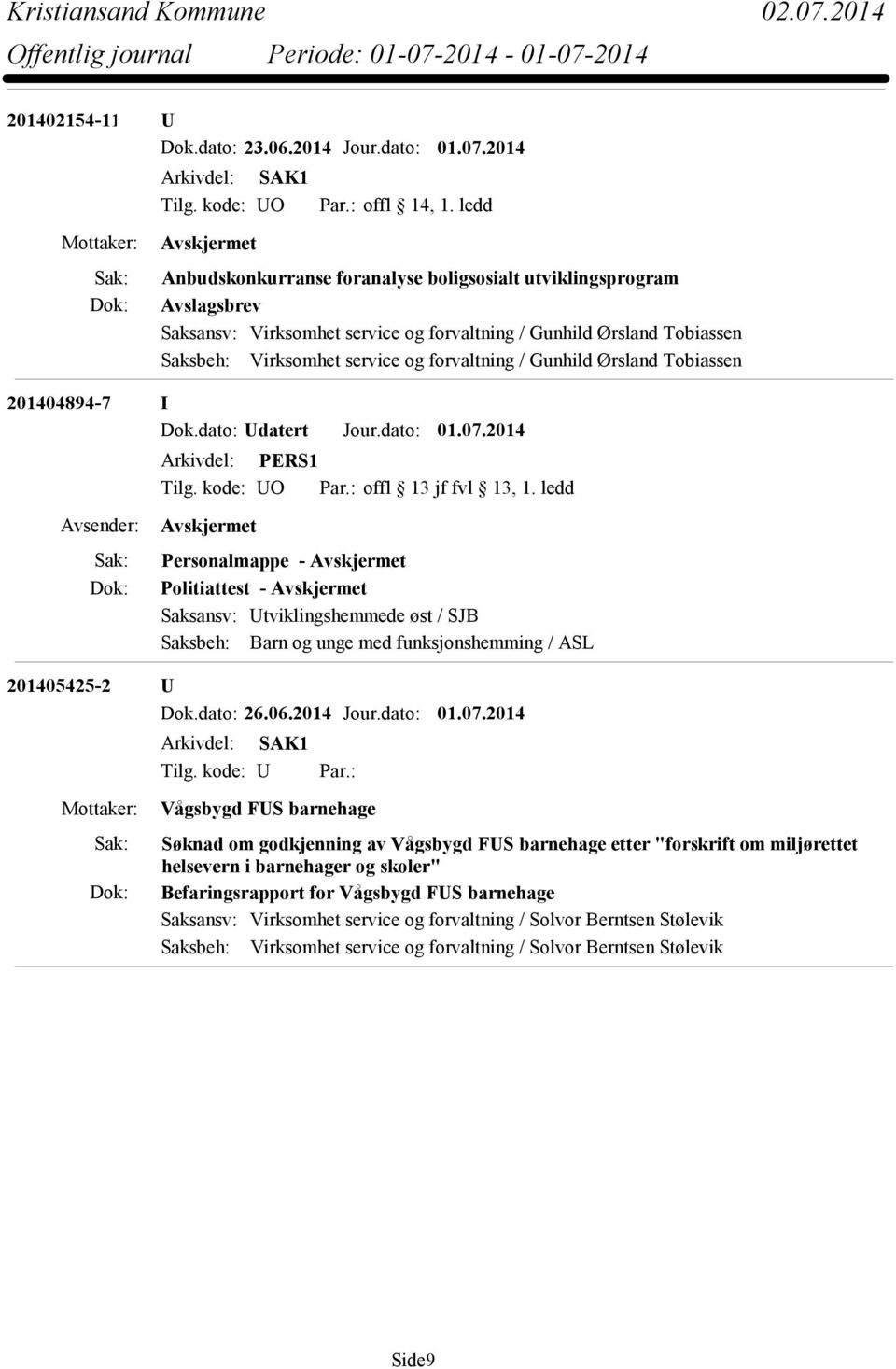 Gunhild Ørsland Tobiassen 201404894-7 I Dok.dato: Udatert Jour.dato: 01.07.2014 O offl 13 jf fvl 13, 1.