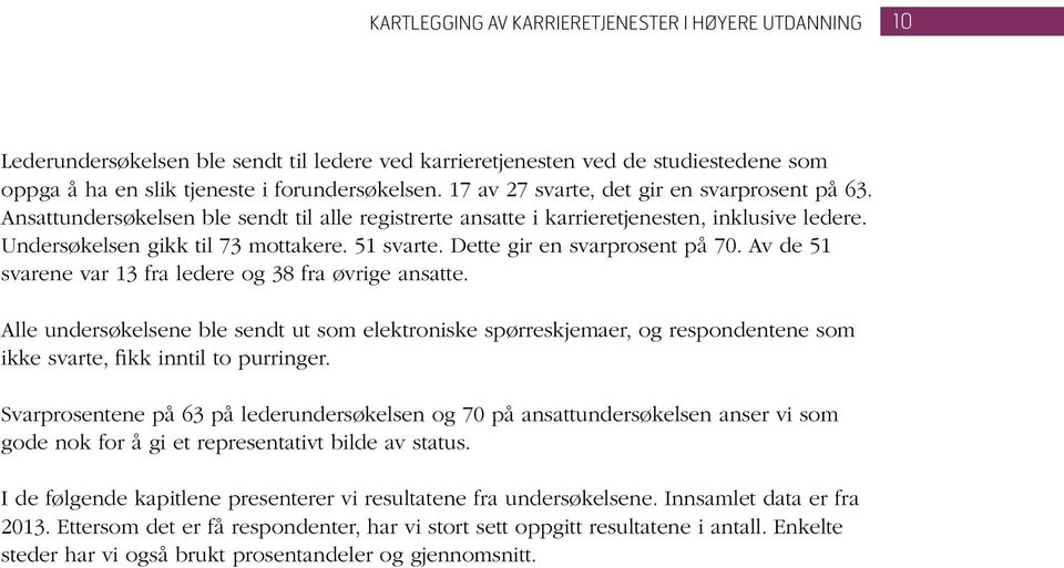 Dette gir en svarprosent på 70. Av de 51 svarene var 13 fra ledere og 38 fra øvrige ansatte.