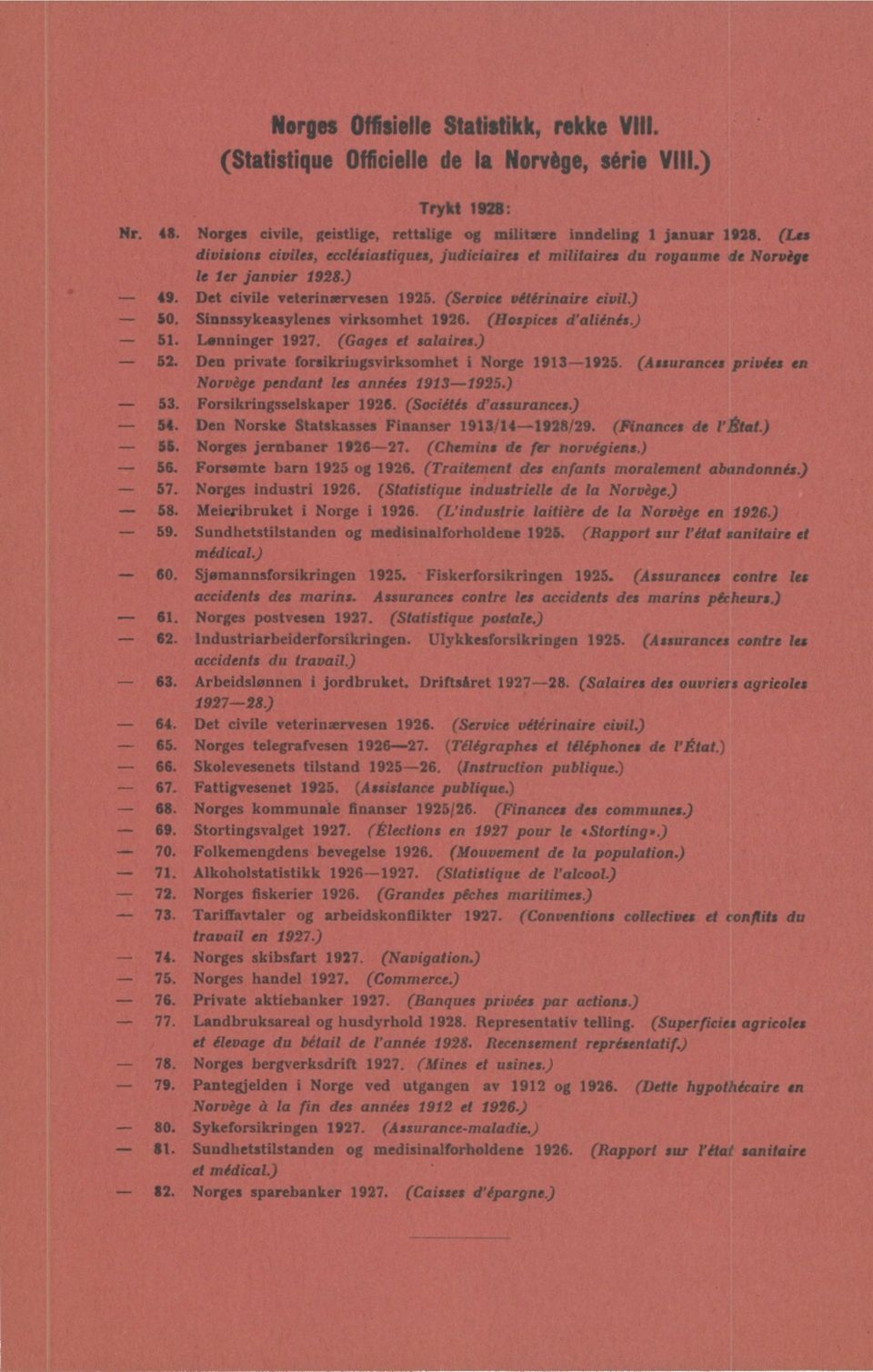 Sinnssykeasylenes virksomhet 1926. (Hospices d'aliénés.) 51. Lønninger 1927. (Gages et salaires.) 52. Den private forsikringsvirksomhet i Norge 1913-1925.