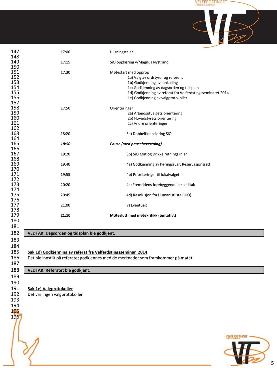 Godkjenning av referat fra Velferdstingsseminaret 2014 1e) Godkjenning av valgprotokoller 17:50 Orienteringer 2a) Arbeidsutvalgets orientering 2b) Hovedstyrets orientering 2c) Andre orienteringer